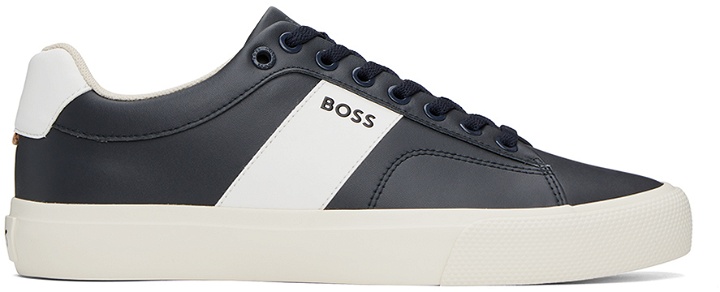 Photo: BOSS Navy & Off-White Cupsole Contrast Band Sneakers