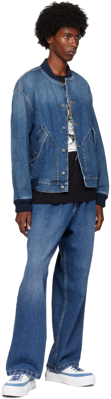 Moschino Blue Barcode Patch Denim Bomber Jacket