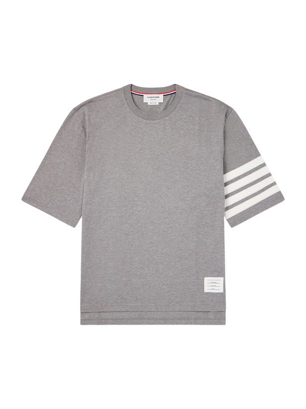 Photo: Thom Browne - Logo-Appliquéd Striped Cotton-Jersey T-Shirt - Gray