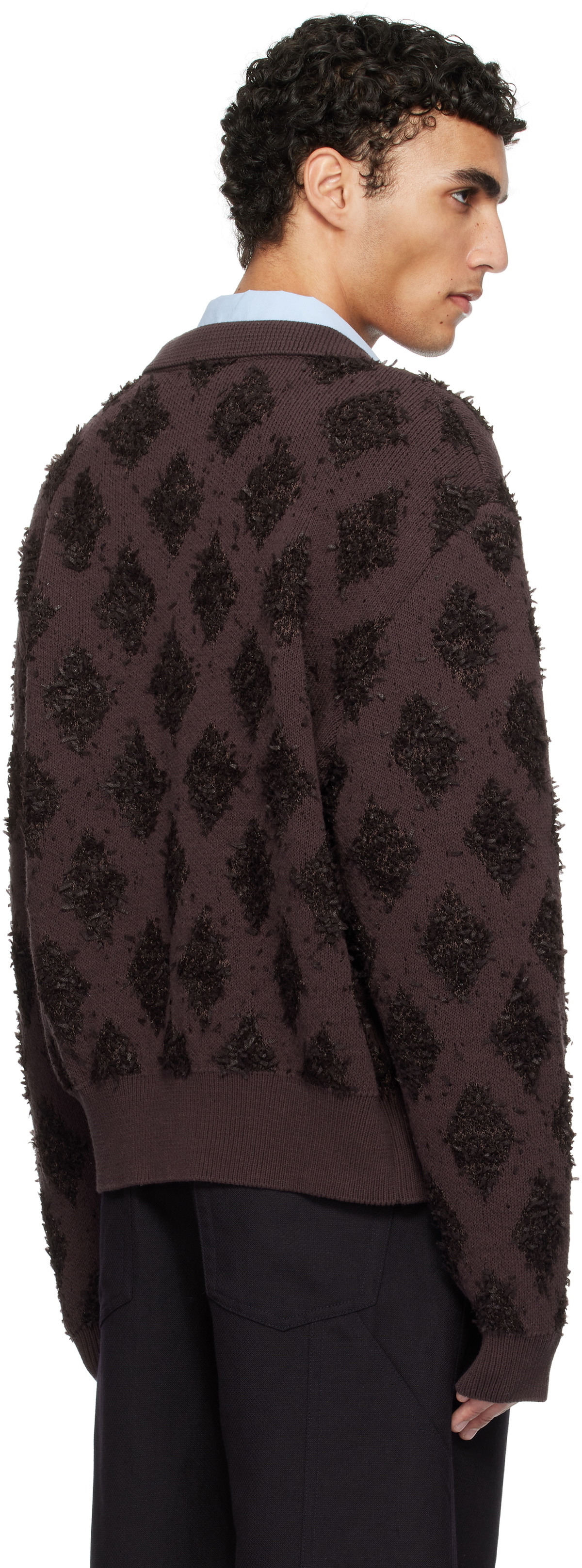 RECTO Brown Fringe Jacquard Knit Cardigan