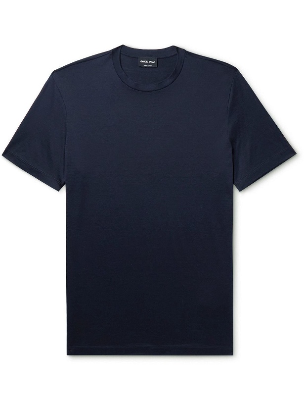 Photo: Giorgio Armani - Silk and Cotton-Blend-Jersey T-Shirt - Blue