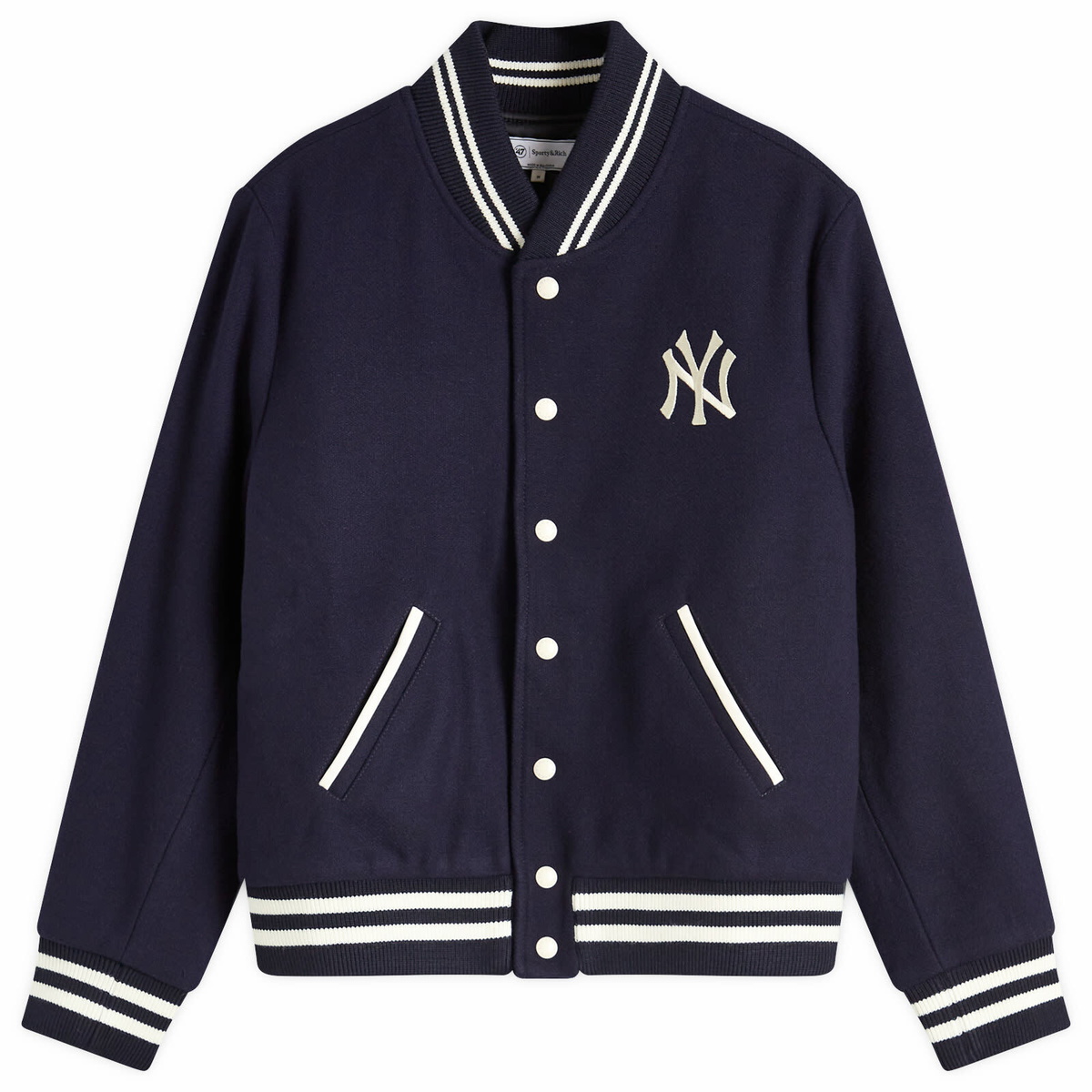Sporty & Rich Women's Yankees Serif Varsity Jacket in Navy