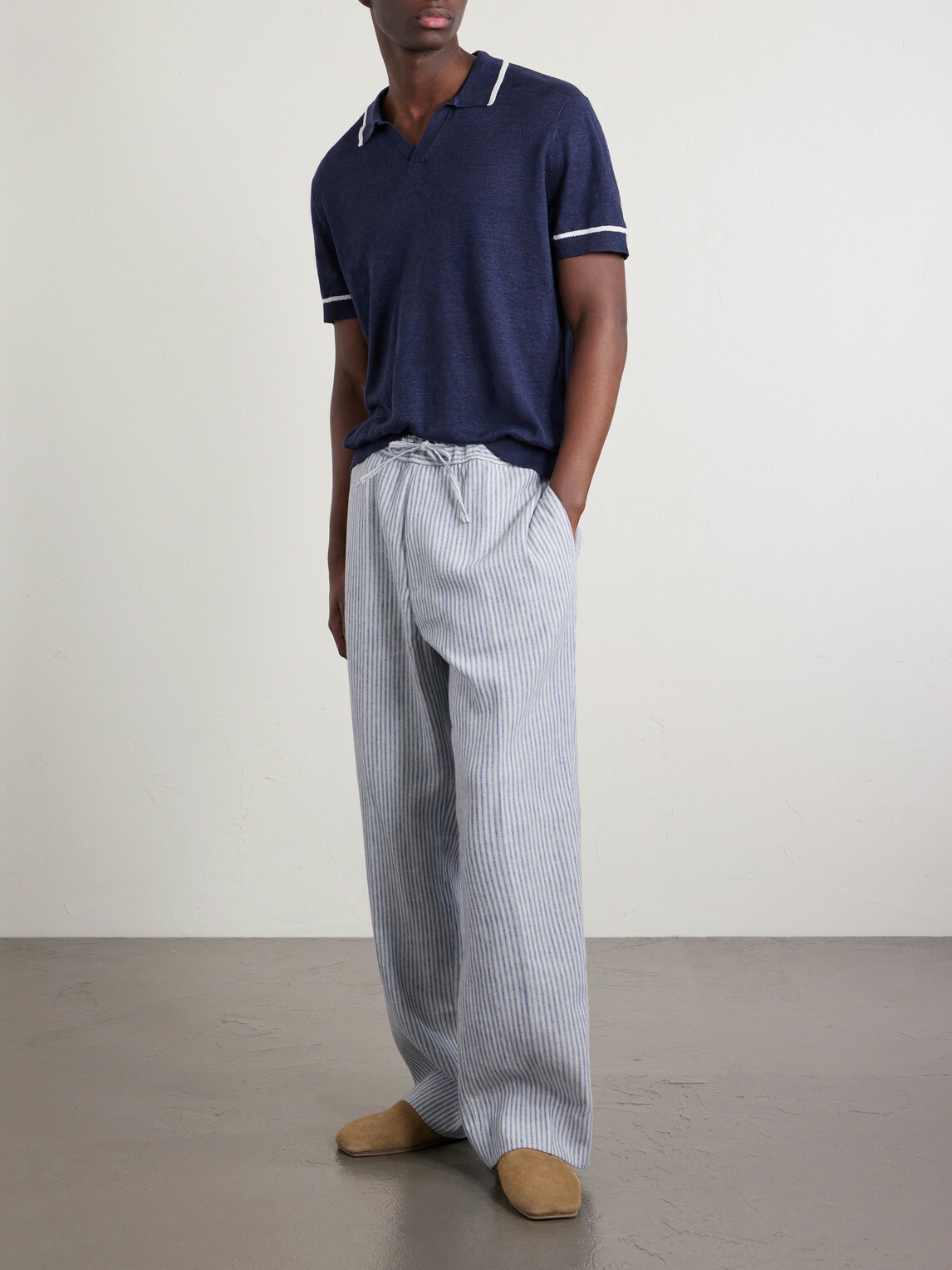Officine Générale - Nilson Straight-Leg Striped Linen and Cotton-Blend Trousers - Blue