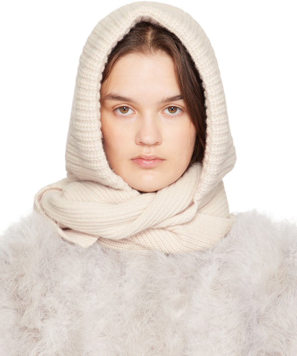 Yves Salomon Off-White Cashmere & Wool Hooded Scarf