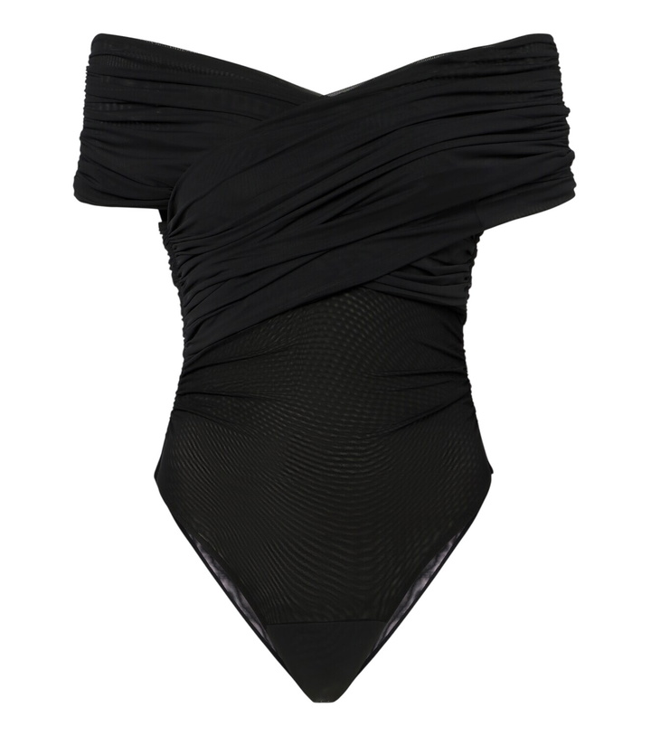 Photo: SIR Off-shoulder ruched mesh bodysuit