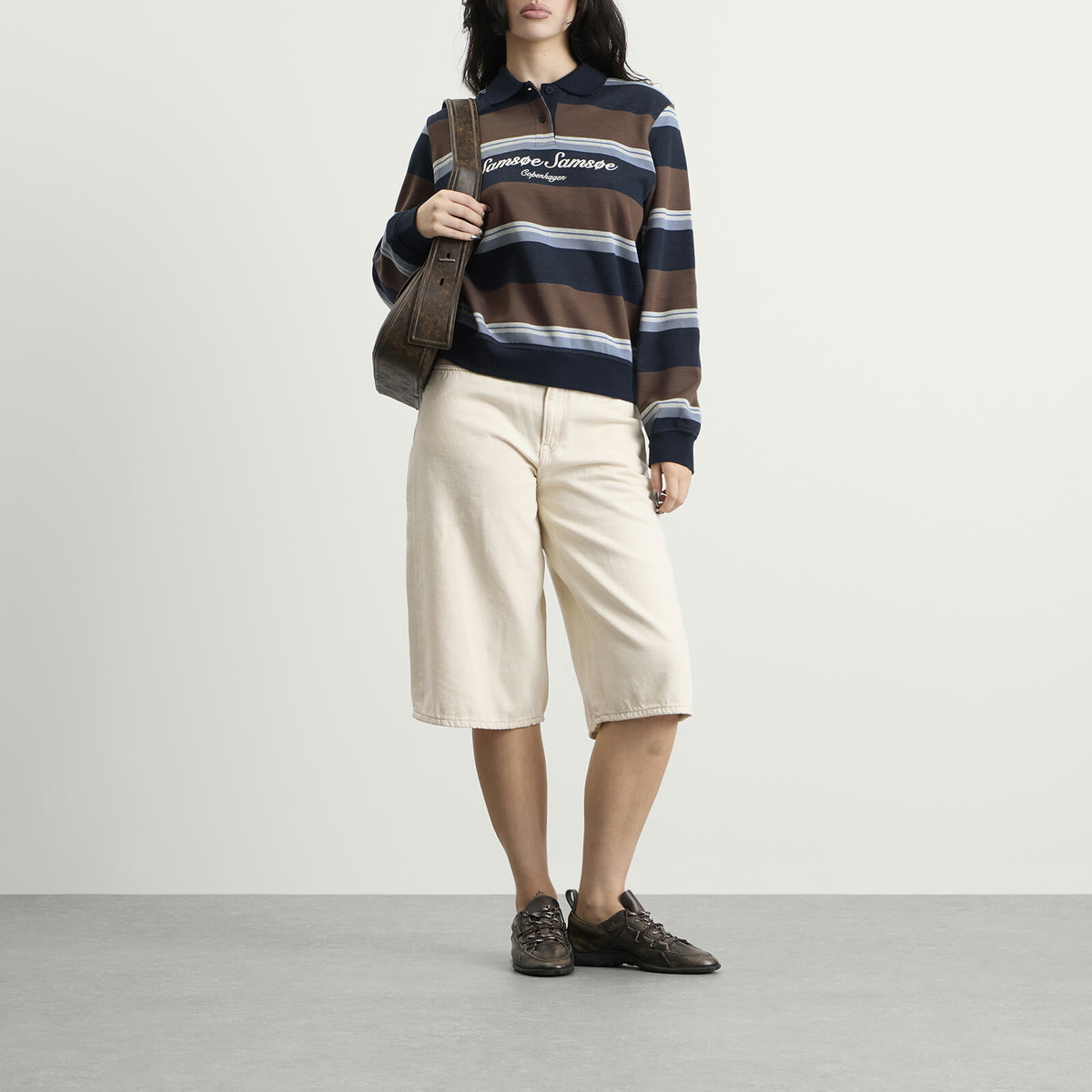 Samsøe Samsøe Women's Sadory Long Sleeve Polo in Brown Blue Stripe