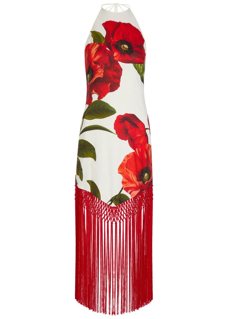 Alice + Olivia Mallory Floral-print Fringed Linen-blend Midi Dress Red And White
