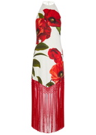 Alice + Olivia Mallory Floral-print Fringed Linen-blend Midi Dress Red And White