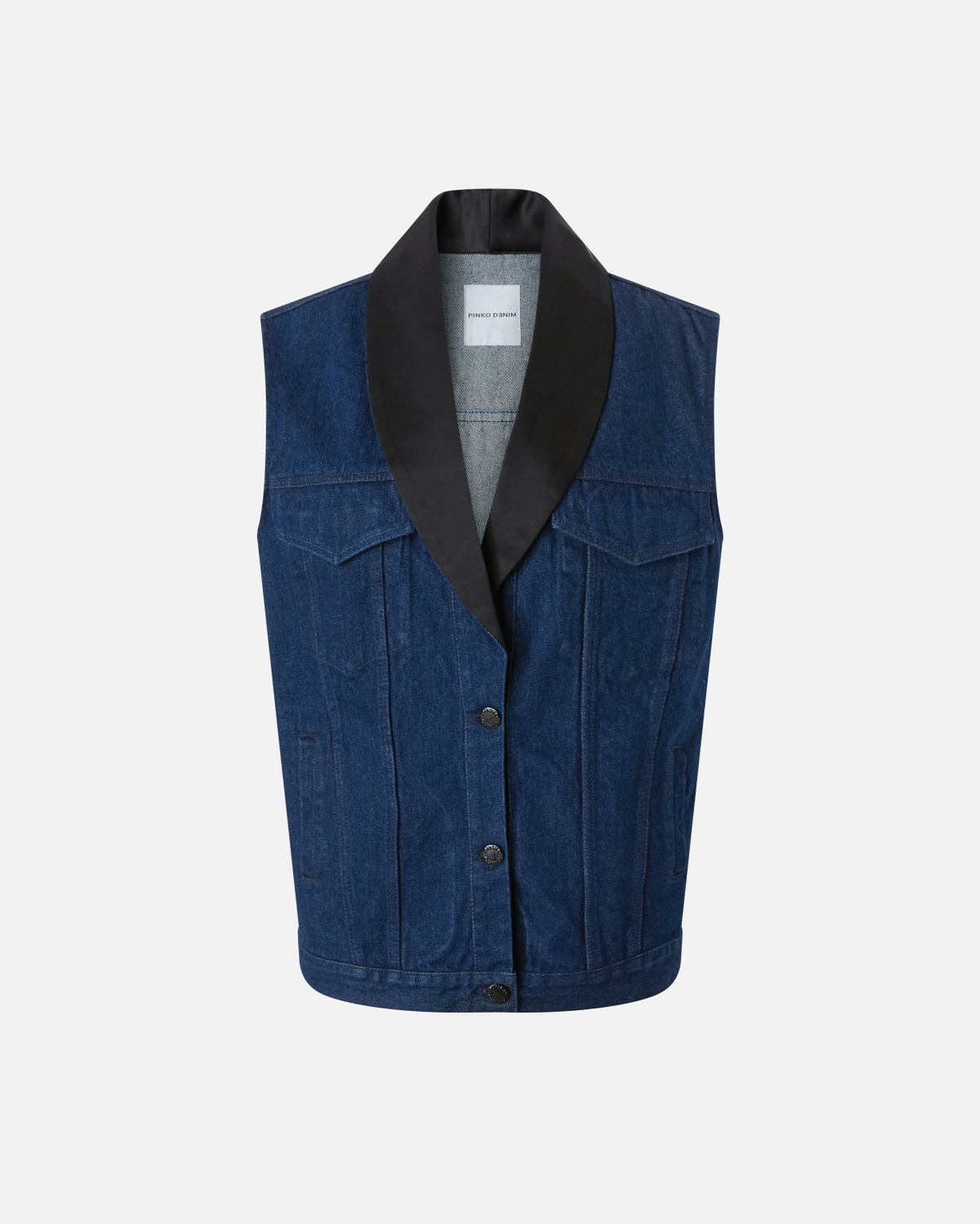Pinko Denim Vest With Black Satin Lapel Collar Mid Wash
