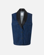 Pinko Denim Vest With Black Satin Lapel Collar Mid Wash