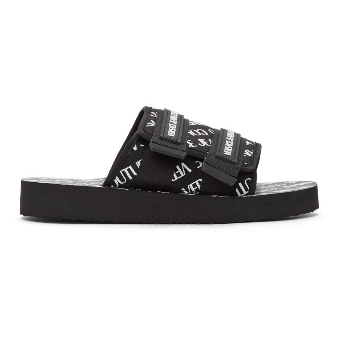 Photo: Versace Jeans Couture Black and White All-Over Logo Strap Slides