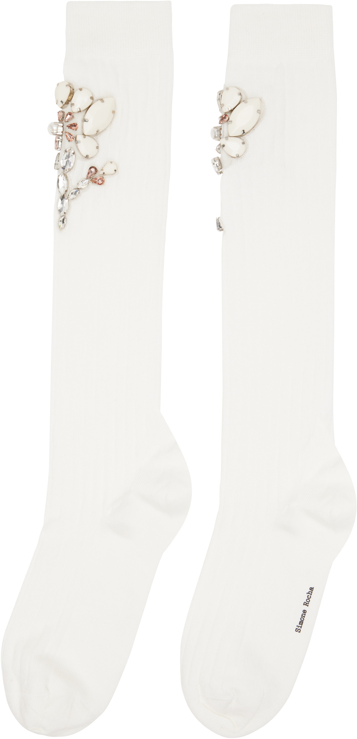 Simone Rocha White Poppy Crystal Flower Ribbed Knee Socks
