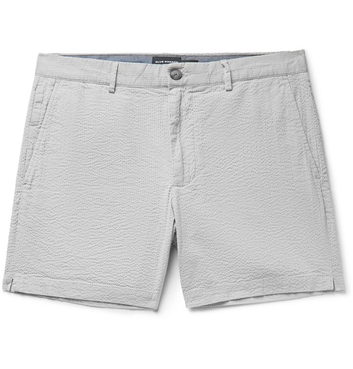 Photo: Club Monaco - Jax Slim-Fit Stretch-Cotton Seersucker Shorts - Gray