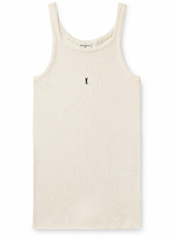 Photo: SAINT LAURENT - Slim-Fit Logo-Embroidered Ribbed Cotton-Jersey Tank Top - Neutrals