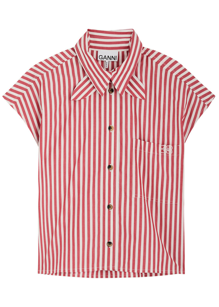 Ganni Striped Cotton-poplin Shirt Red And White