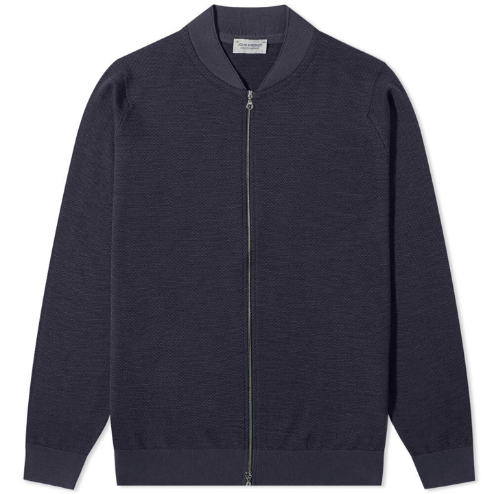 Photo: John Smedley Men's 16 Singular Knitted Bomber Jacket in Midnight/Black