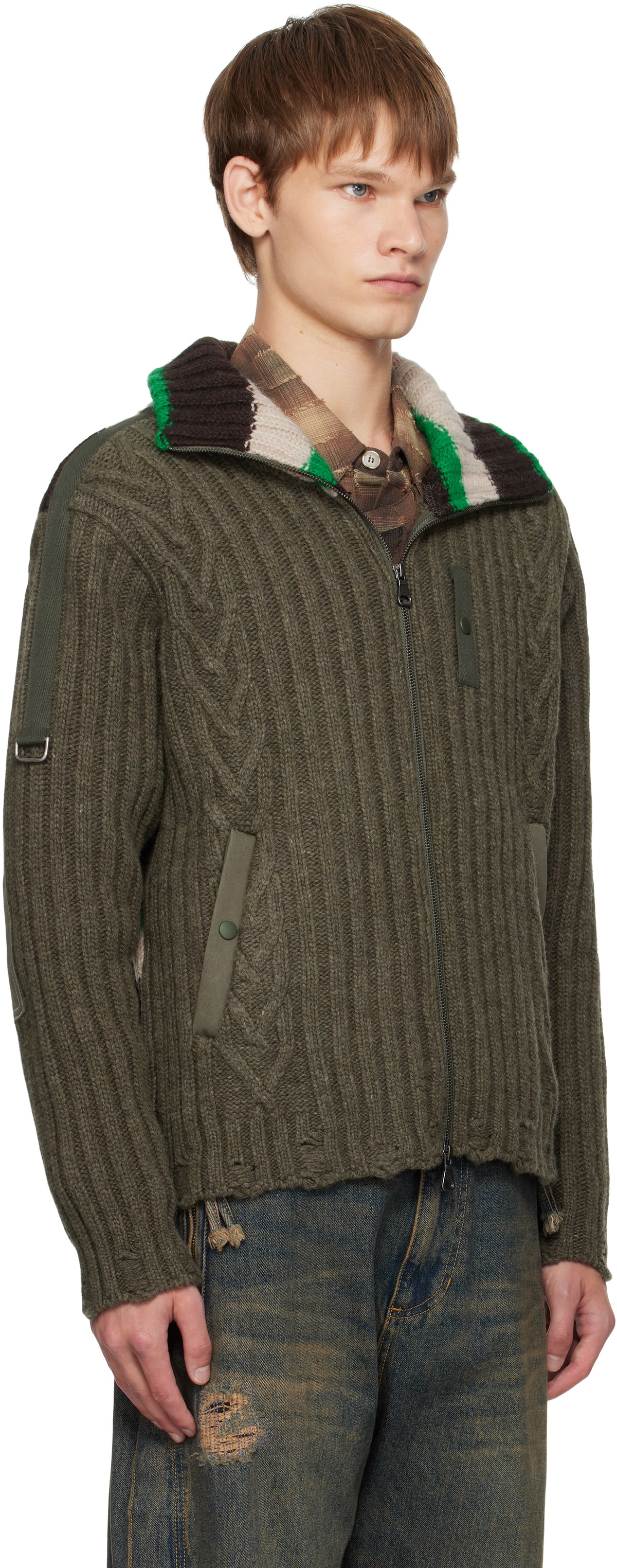 Andersson Bell Khaki Stripe High-Neck Zip-Up Sweater