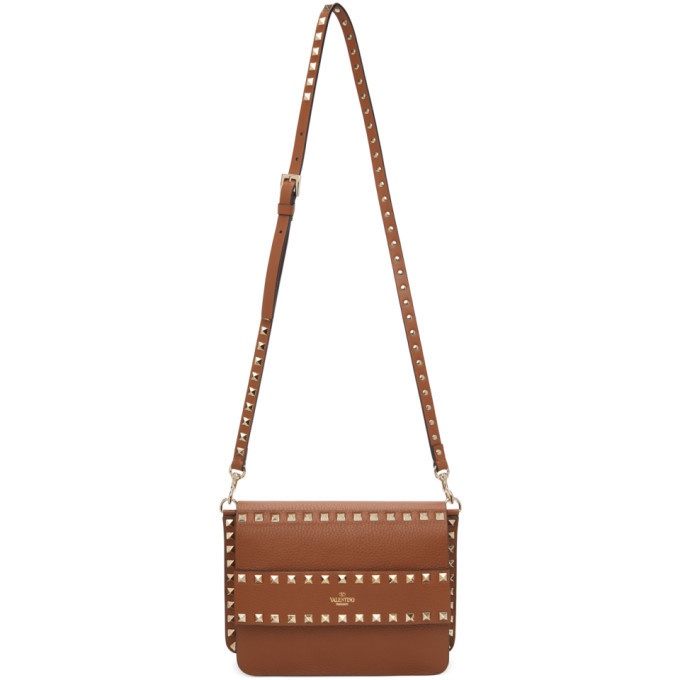 Small Rockstud Grainy Calfskin Crossbody Bag for Woman in Saddle Brown