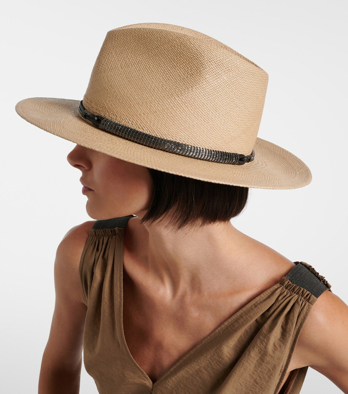 Brunello Cucinelli Monili leather-trimmed straw fedora hat