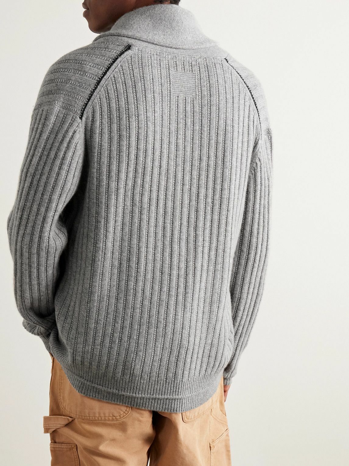 Guest In Residence - Varsity Shawl-Collar Ribbed Wool and Cashmere-Blend Cardigan - Gray