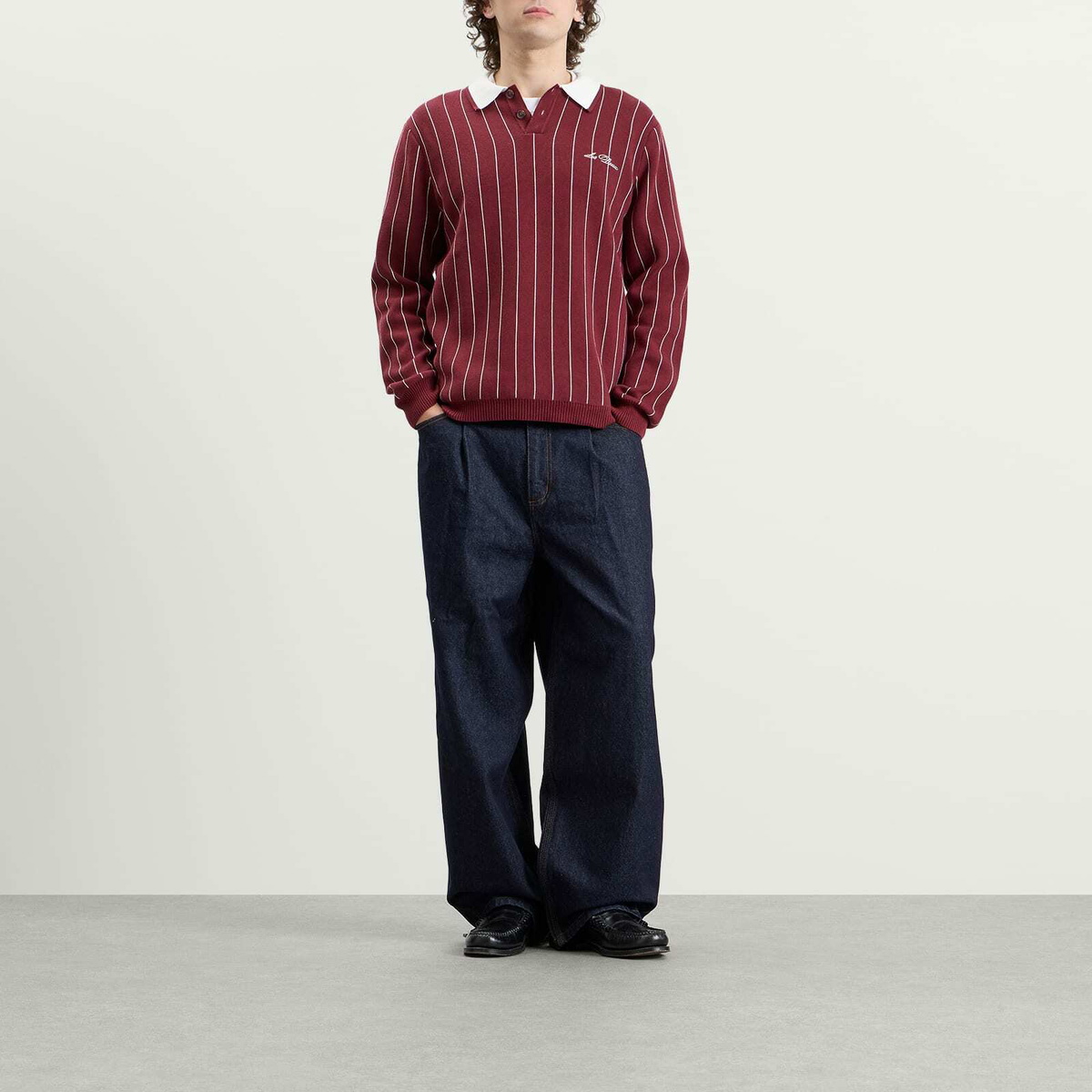 Les Deux Men's Signature Knitted Long Sleeve Polo in Chocolate Truffle Red