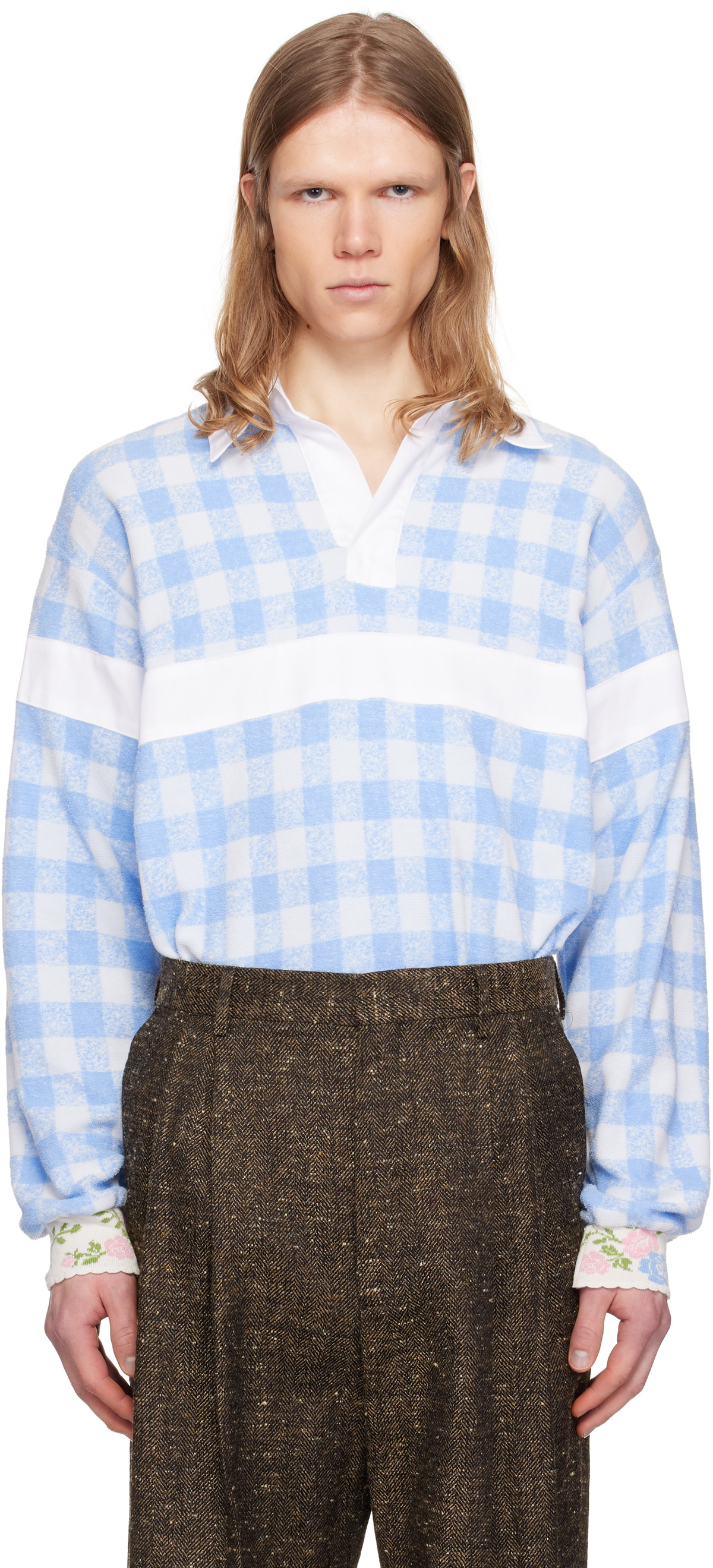 Anna Sui Black & White Gingham Terry Long Sleeve Polo