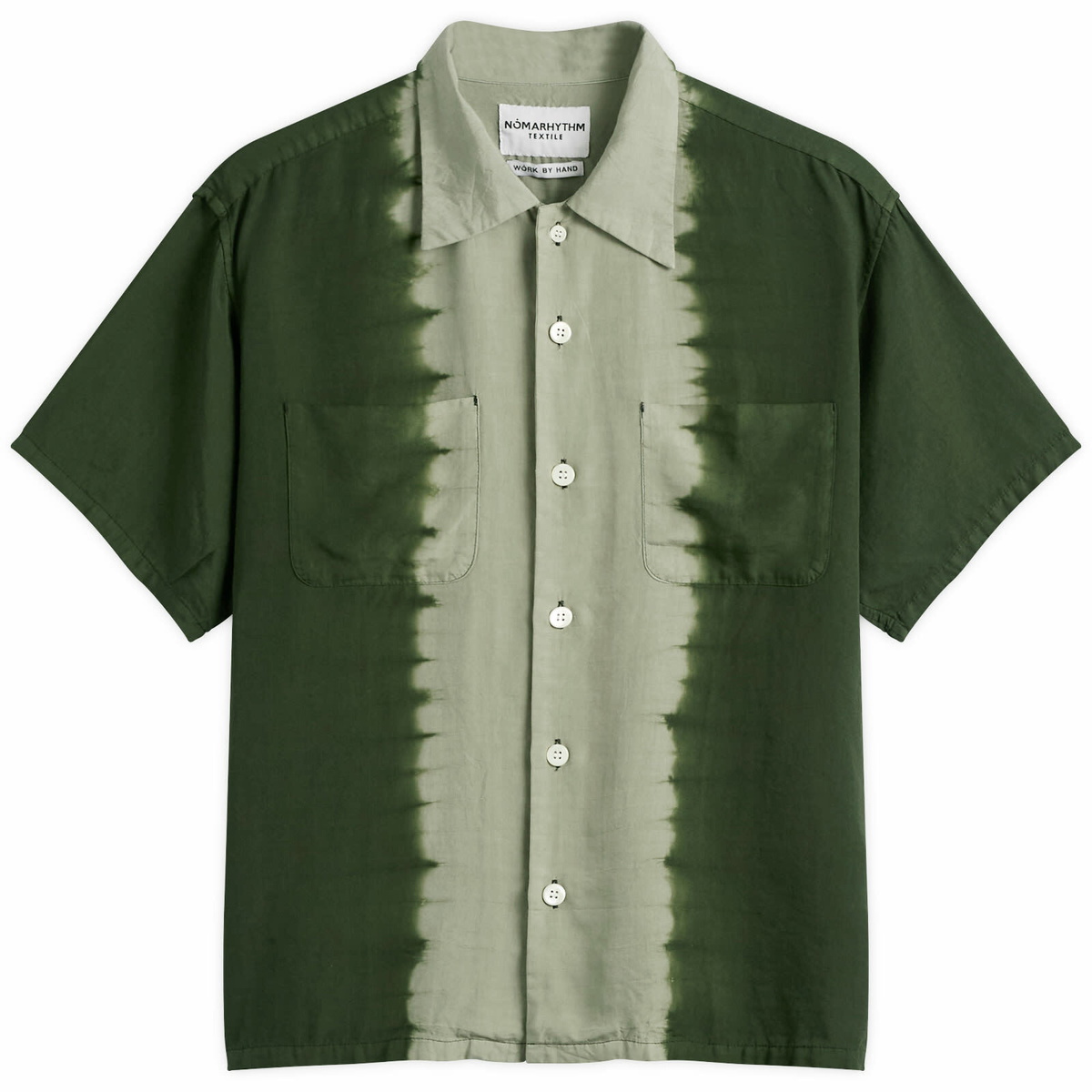 NOMARHYTHM TEXTILE Men's Hand Dye Open Collar Shirt in Forest Green