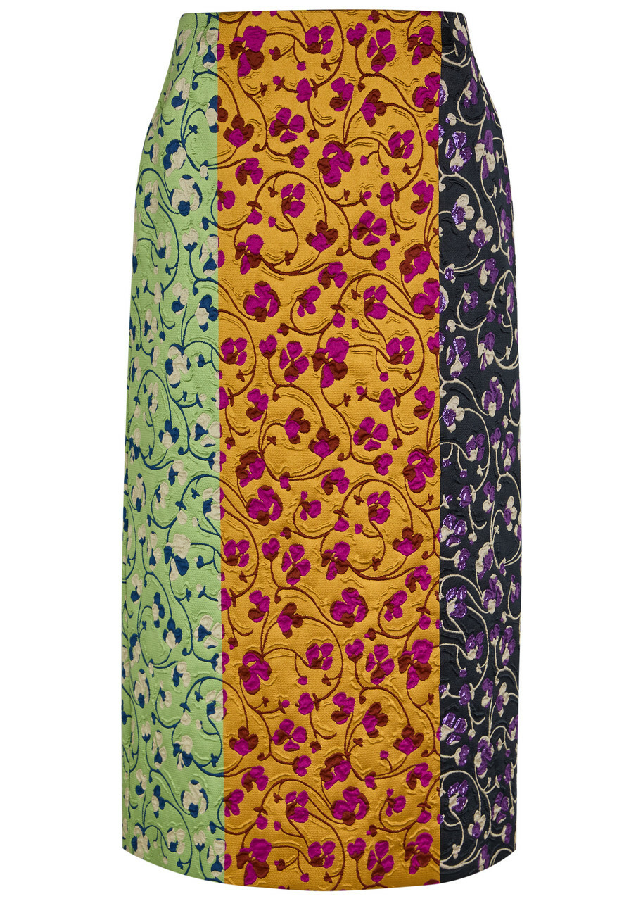 LA Double J Pencil Floral-jacquard Woven Midi Skirt Yellow