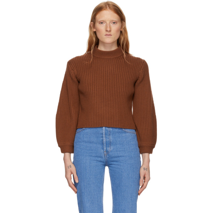 Photo: Tibi Brown Merino Rib Slit Neck Pullover Sweater