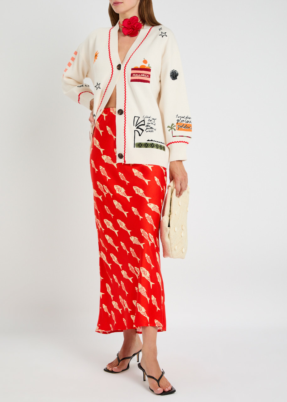 Never Fully Dressed Poema Martha Embroidered Knit Cardigan Cream