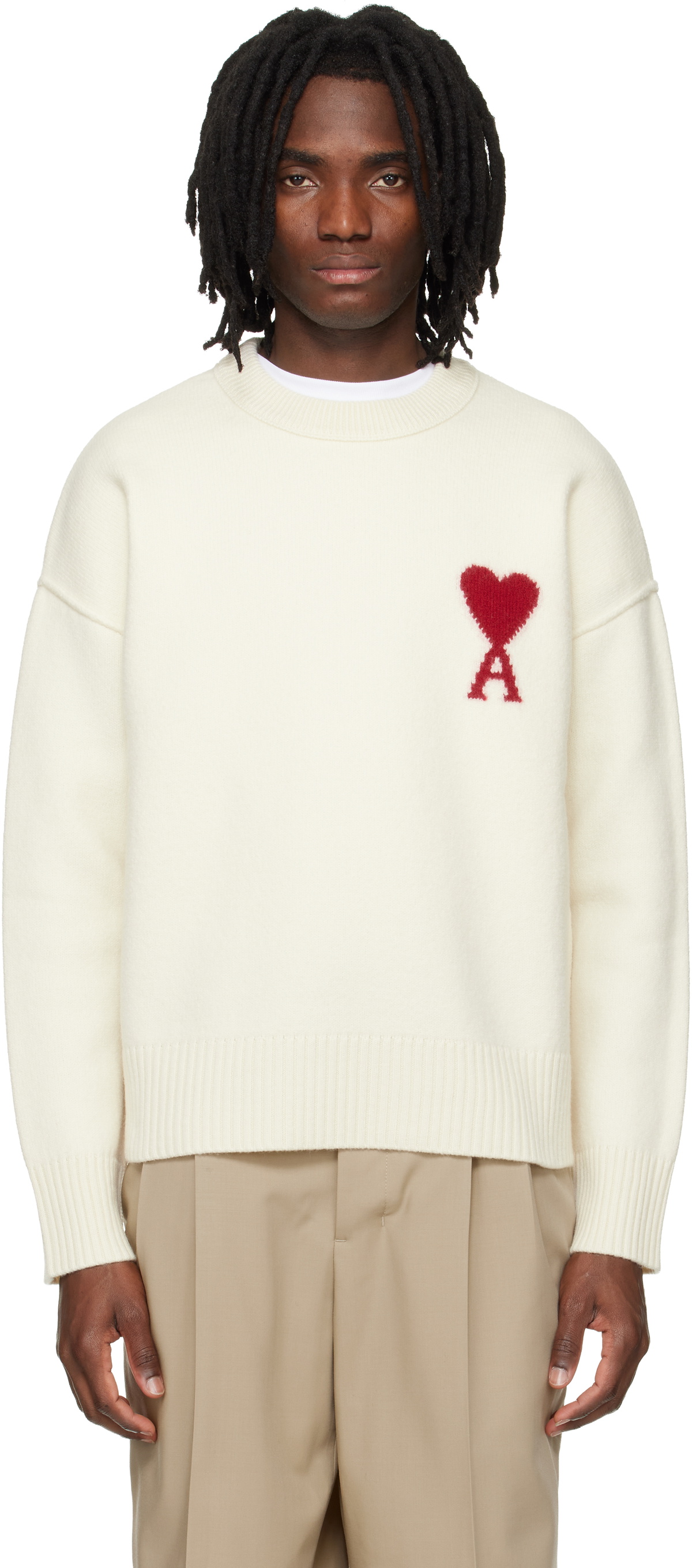 AMI Paris Off-White Wool Contrasted Ami de Coeur Crewneck Sweater