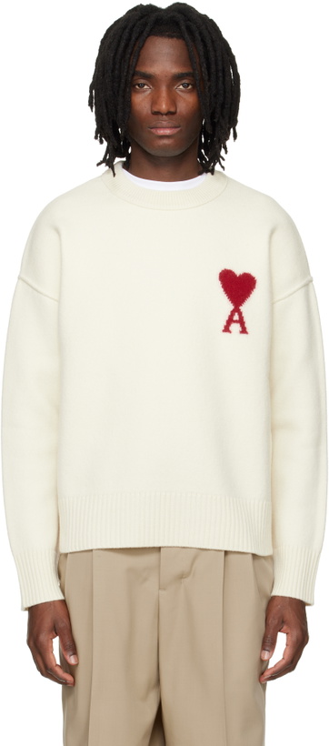 Photo: AMI Paris Off-White Wool Contrasted Ami de Coeur Crewneck Sweater