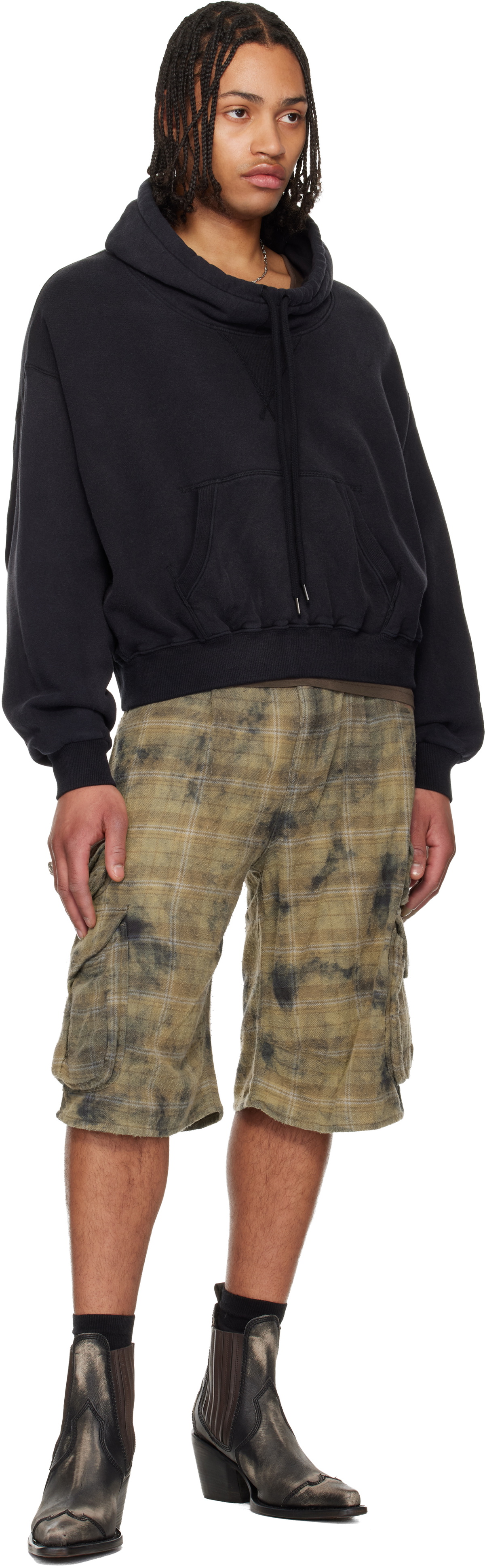 R13 Black Funnel Neck Cropped Popover Hoodie