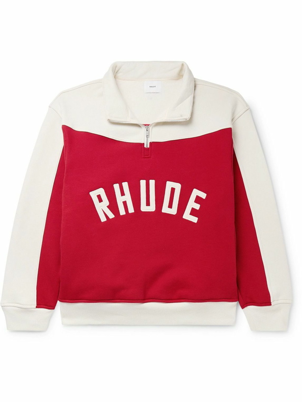 Photo: Rhude - Logo-Embroidered Two-Tone Cotton-Jersey Half-Zip Sweatshirt - Red