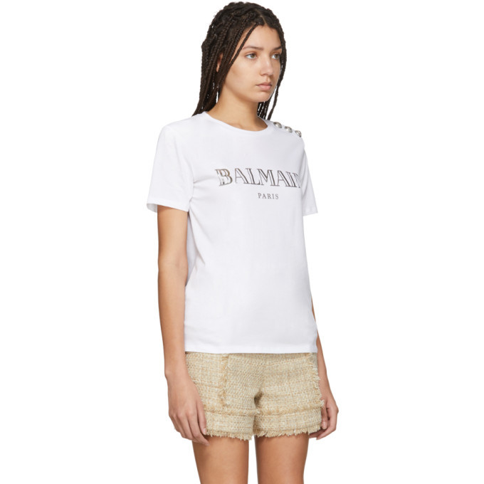 Balmain White Metallic Logo T-Shirt Balmain