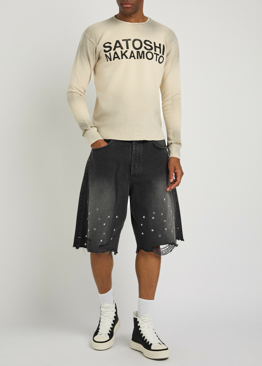 Satoshi Nakamoto Distressed Long-sleeve Waffle Cotton T-shirt White