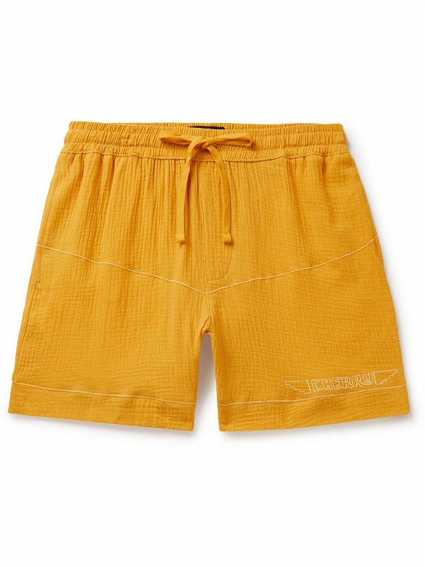 Photo: CHERRY LA - Vacation Straight-Leg Logo-Embroidered Cotton-Gauze Shorts - Yellow