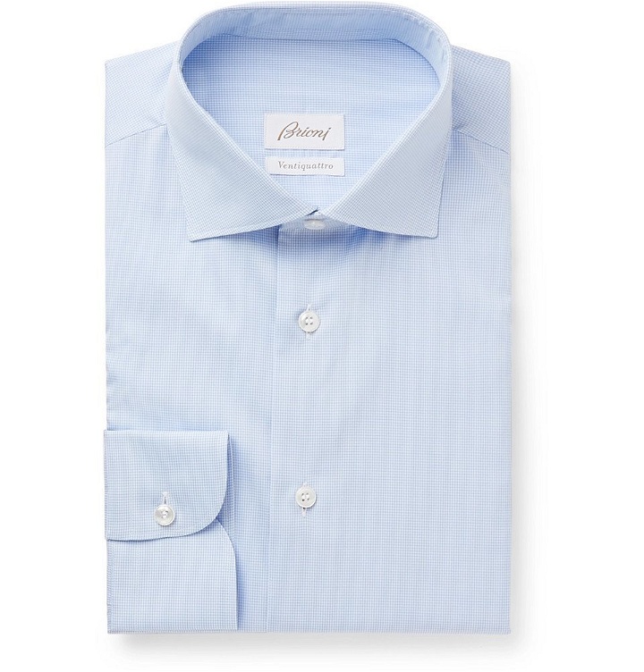 Photo: Brioni - Light-Blue Slim-Fit Checked Cotton Shirt - Blue