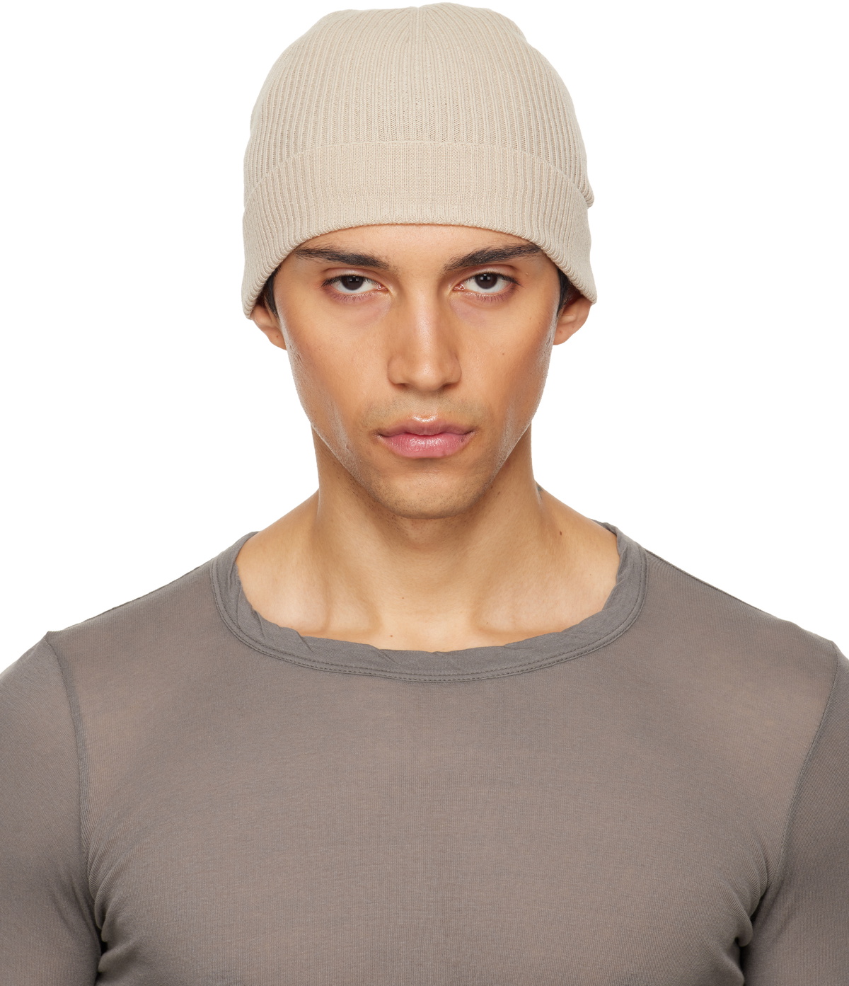 Rick Owens Beige Temple Ribbed Beanie Rick Owens