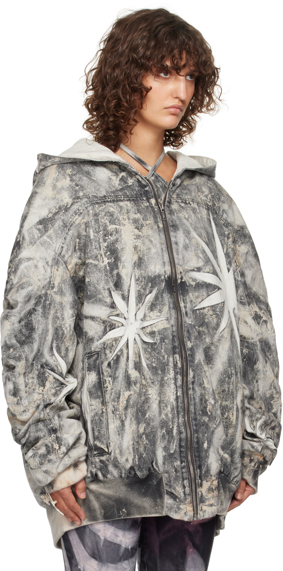 Masha Popova SSENSE Exclusive White & Black Oversized Hooded Denim Bomber Jacket