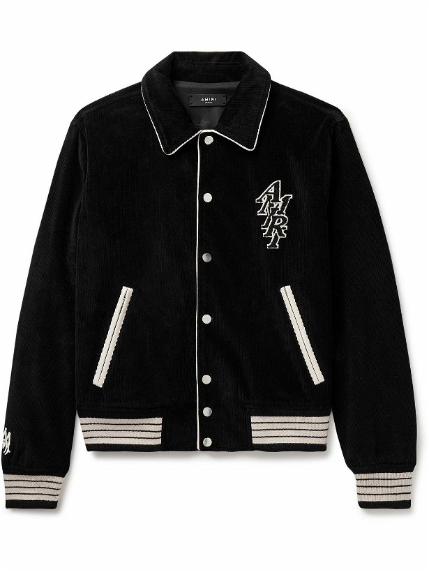 Photo: AMIRI - Logo-Appliquéd Leather-Trimmed Cotton-Blend Corduroy Varsity Jacket - Black