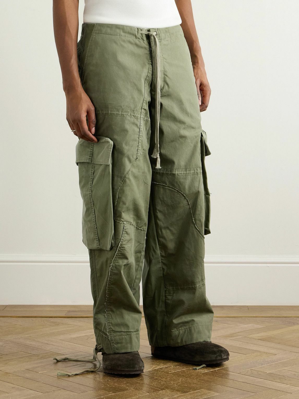 Greg Lauren - Wide-Leg Patchwork Cotton-Canvas Drawstring Cargo Trousers - Green