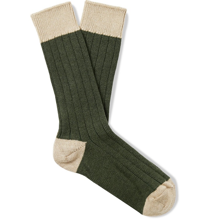Photo: The Workers Club - Ribbed Space-Dyed Merino Wool-Blend Socks - Green