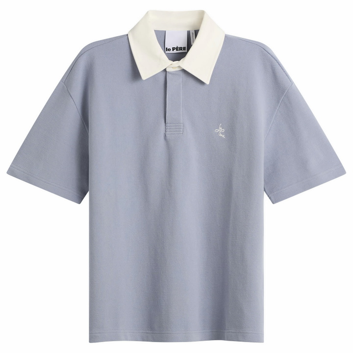 Photo: Le Père Men's Short Sleeve Rugby Polo in Blue Grey