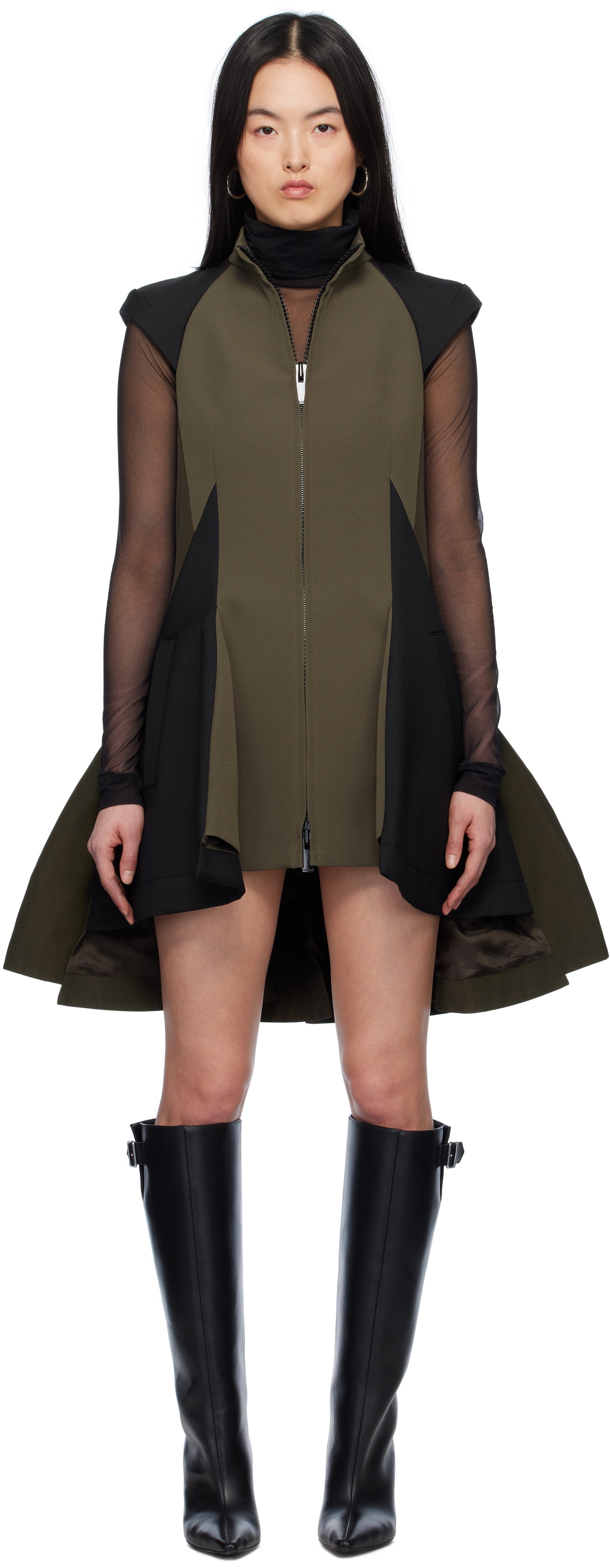 【sacai】DOESKIN MIX DRESS ブラック khaki-and-black-matelasse-