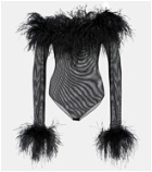 Oséree Feather-trimmed mesh bodysuit