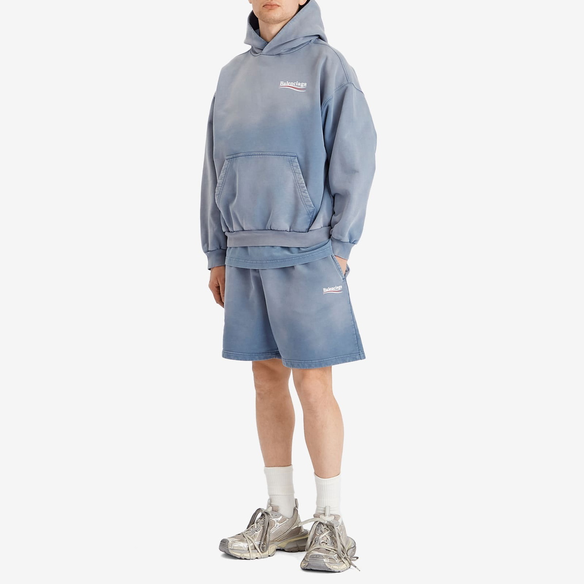 Balenciaga Men's Campaign Sweat Shorts in Faded Blue/White/Red