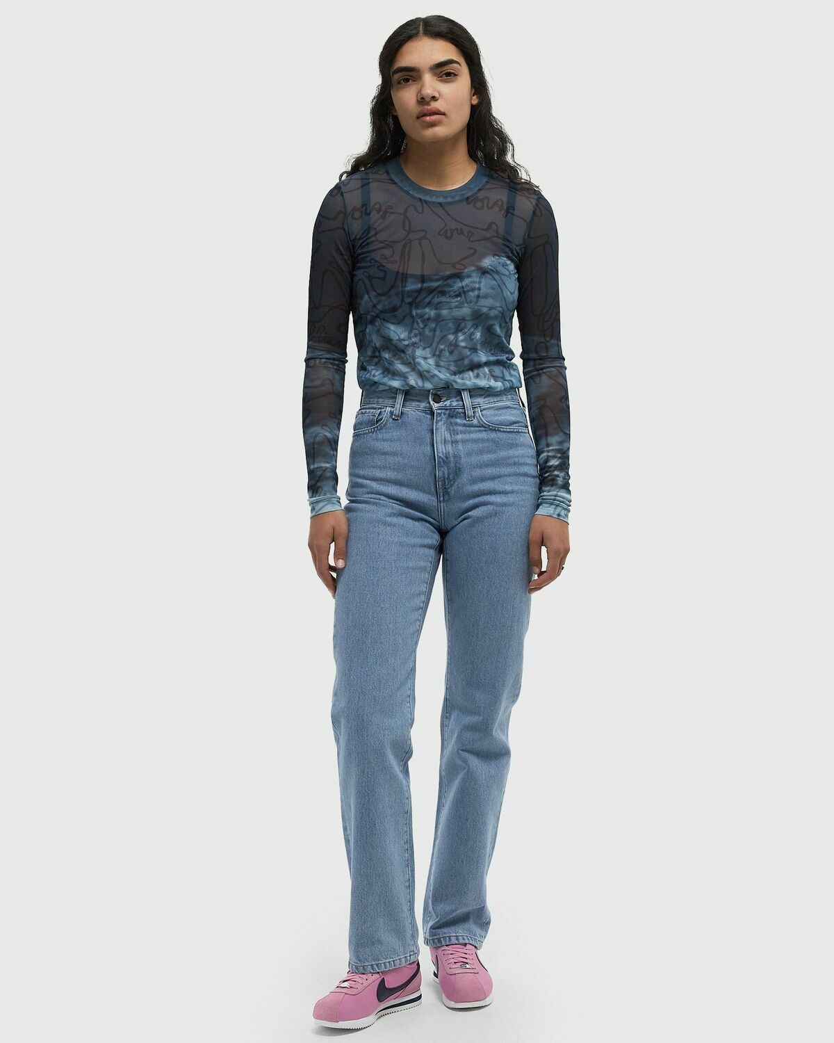 ØLÅF SCRIPT AOP MESH TOP LS Blue Womens Longsleefe