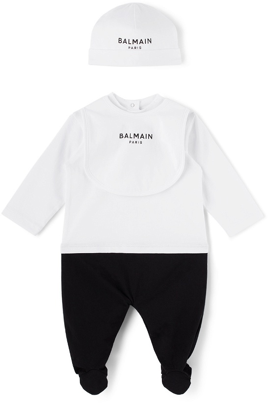 Photo: Balmain Baby White & Black Logo Bodysuit Set