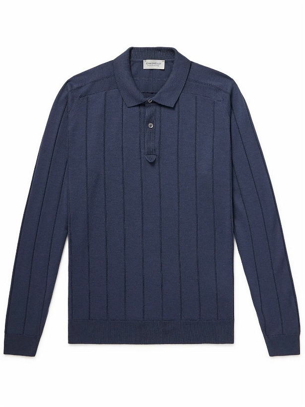 Photo: John Smedley - Slim-Fit Ribbed Merino Wool Polo Shirt - Blue